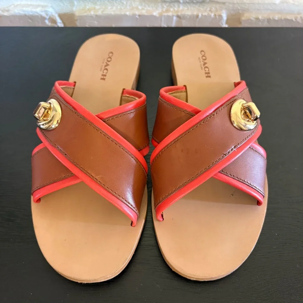 Coach Coral Turnlock Leather Slides Brown Leather Women's Size 5.5